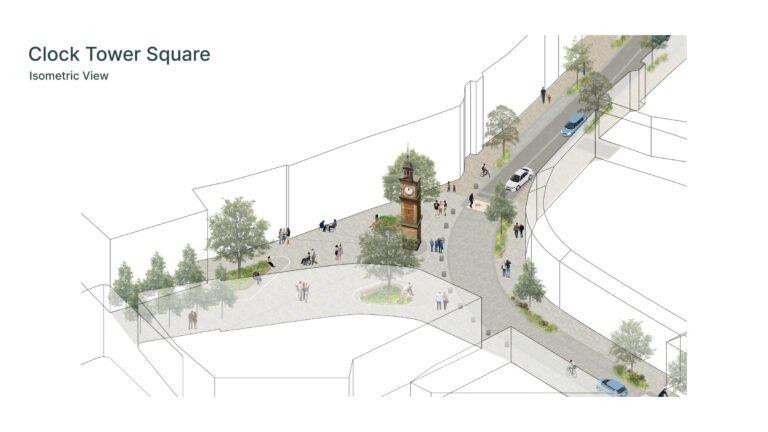 Isometric view of the proposed Clock Tower Square: a paved square around the Clock Tower with new trees, planting and seating, and a narrowed road with granite setts to the right.