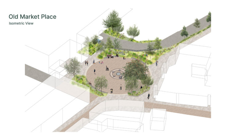 Isometric view of the proposed Old Market Place: a circular paved square with a central feature, ringed by trees, planting and seating, with paths to the surrounding streets.
