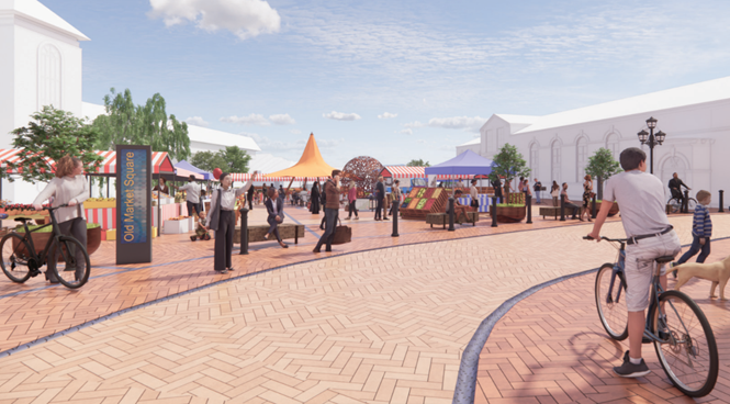 Artist's impression of Old Market Square with market stalls and a large spherical sculpture, people walking and cycling across herringbone brick paving, and white buildings on either side.