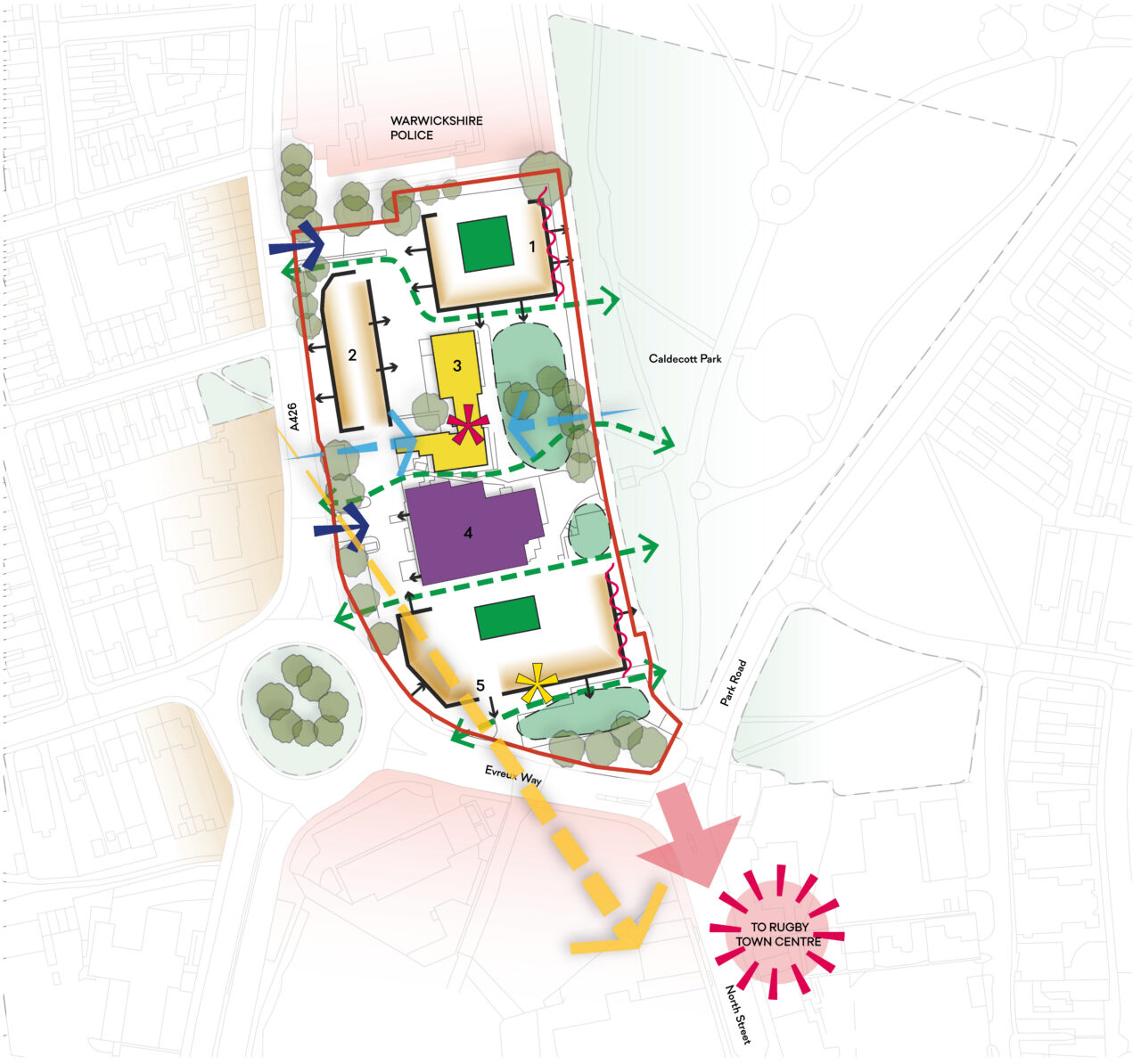 Framework plan for the Town Hall area. A full description follows.
