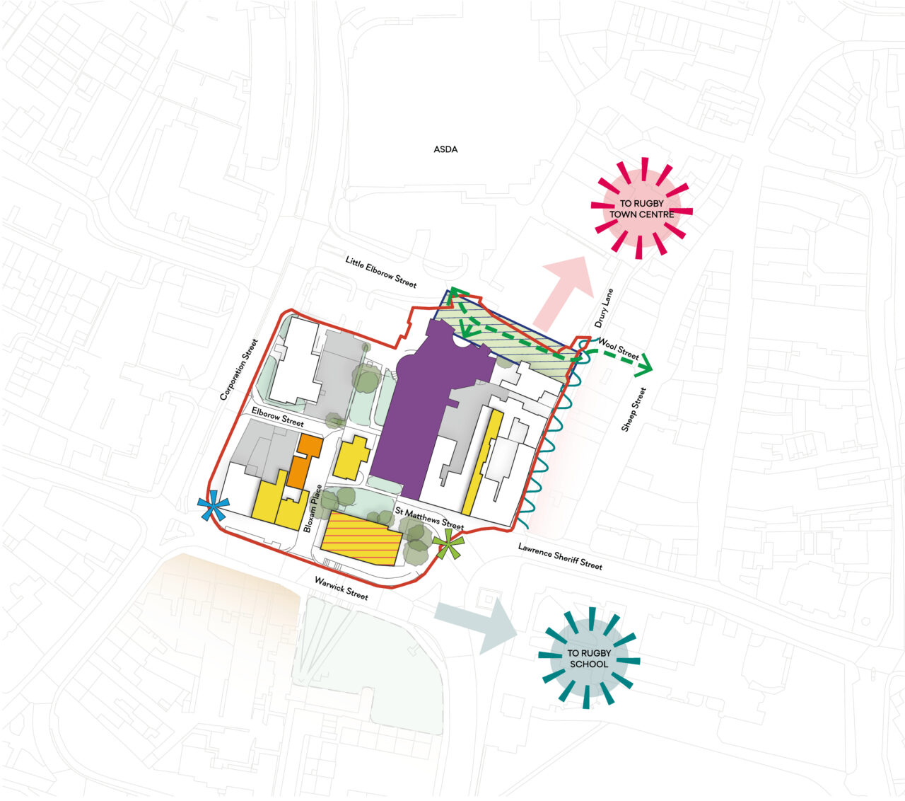 Framework plan for Rugby Art Gallery and Museum and Little Elborow Street. A full description follows.