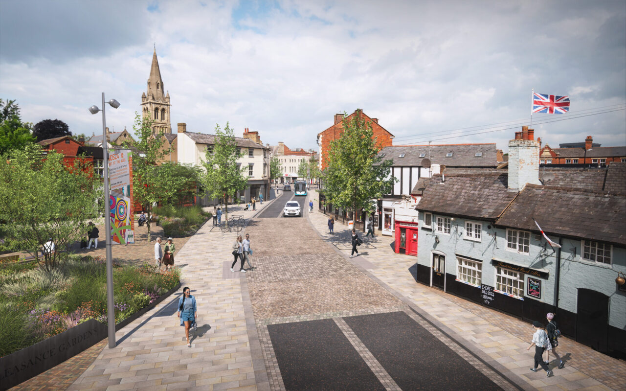 Artist's impression of a street looking towards St Andrew's Church spire, with wider pavements, planted beds beside Pleasance Gardens, new trees and a raised crossing.