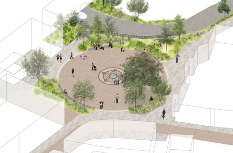 An illustration of a new public square with trees, planting and people gathering.