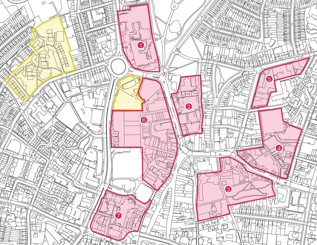 Map of Rugby town centre showing the seven opportunity parcels and two other important sites. A full description follows.