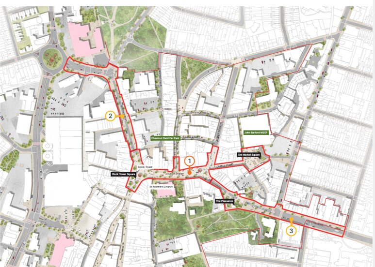 Illustrative Public Realm Masterplan of Rugby town centre with red lines marking the extent of priority projects 1, 2 and 3. Project 1 runs from Clock Tower Square along Church Street and Castle Street to Old Market Place. Project 2 runs along North Street to Evreux Way. Project 3 runs along Church Street and Clifton Road, past The Pleasance.