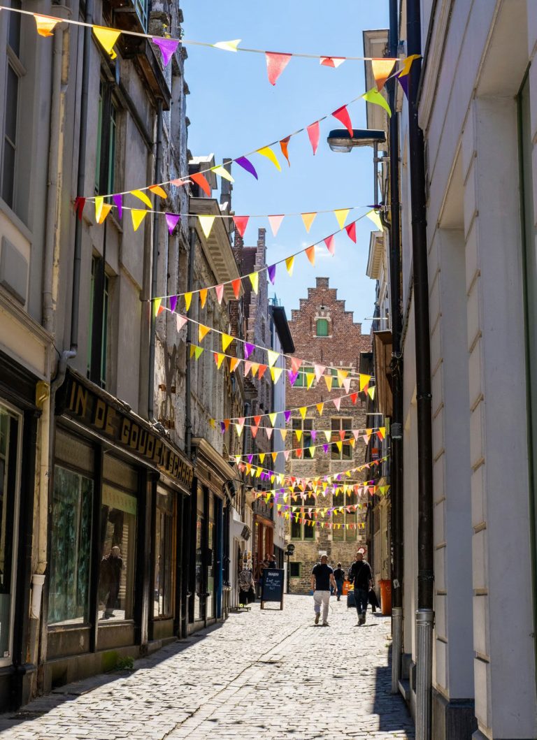A narrow shopping street hung with colourful bunting.