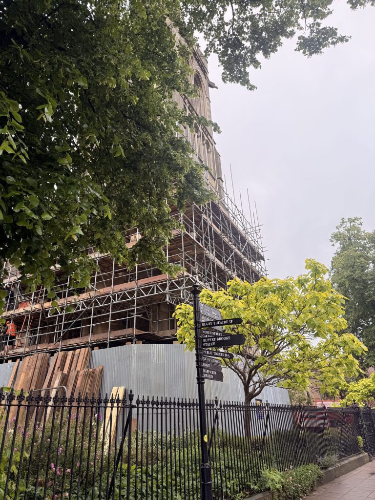 Scaffolding around the tower of St Andrew's Church during repair work.