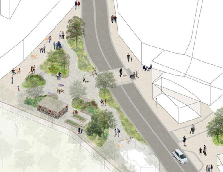 An illustration of a landscaped garden route with trees, seating and people walking.