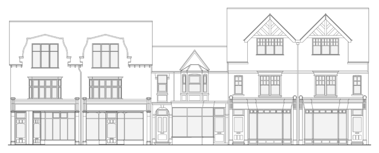 Line drawing of a terrace of traditional shopfronts, with large timber-framed shop windows, recessed doorways, pilasters and fascias below the upper floors.